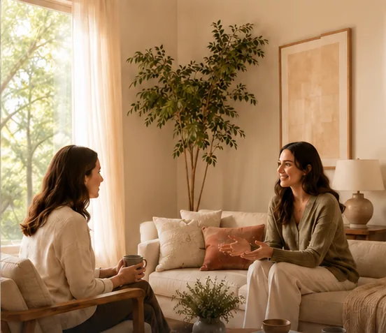 Warm consultation conversation in a residential setting