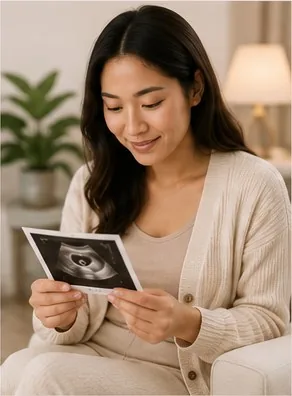 A surrogate holding an ultrasound image after her embryo transfer