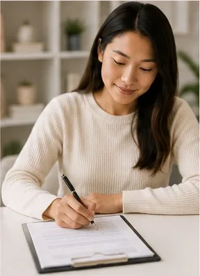 A surrogate reviewing and signing paperwork after receiving medical clearance