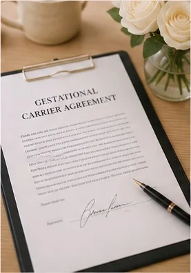 A signed Gestational Carrier Agreement on a clipboard beside fresh flowers